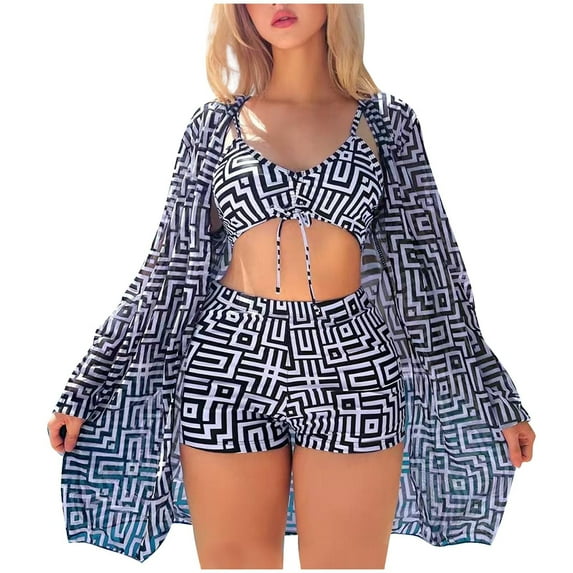 Generic Women 3 Pieces Bikini Set Swimsuits Vintage Print Beach Cover up Kimono Bathing Suit with Boy Shorts Swimwear