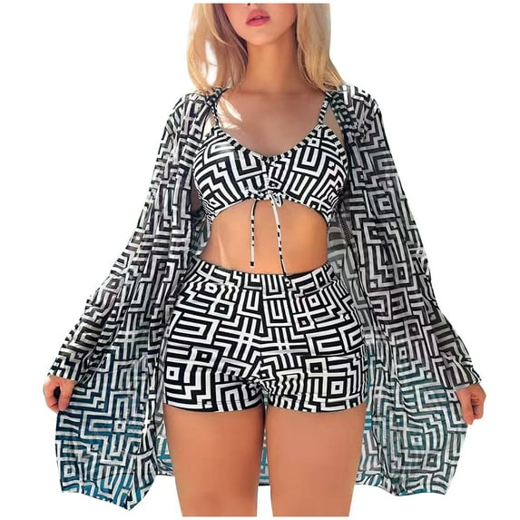 Generic Women 3 Pieces Bikini Set Swimsuits Vintage Print Beach Cover up Kimono Bathing Suit with Boy Shorts Swimwear