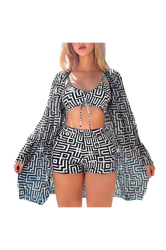 Women 3 Pieces Bikini Set Swimsuits Vintage Print Beach Cover up Kimono Bathing Suit with Boy Shorts Swimwear