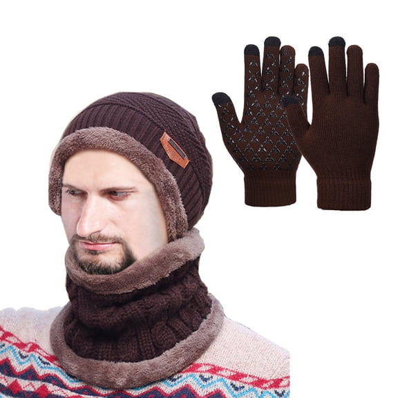 Generic Women And Men Winter Knit Warm Hats Scarf Dual PurposeHat Ear Protection Windproof Hat Warm Gloves Three Piece Set Functional Winter Hat Scarf Glove Set For Practical Use