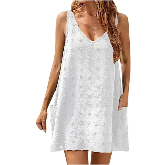 Generic Women Beach Coverups Swiss Polka Dot Bathing Suit Cover Up Sleeveless V Neck Dress with 2 Pockets