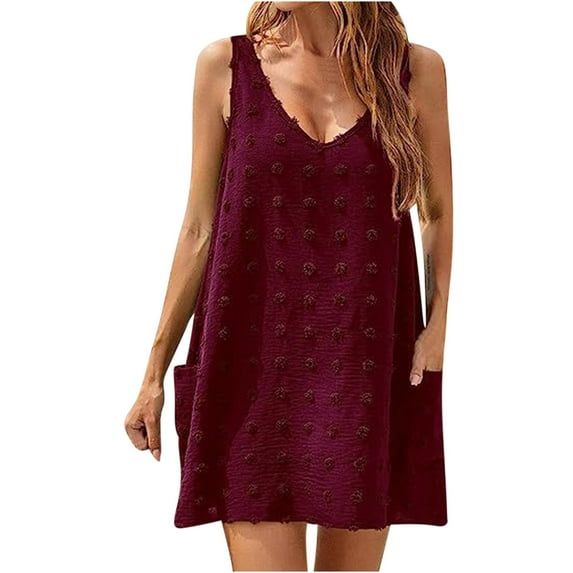 Generic Women Beach Coverups Swiss Polka Dot Bathing Suit Cover Up Sleeveless V Neck Dress with 2 Pockets