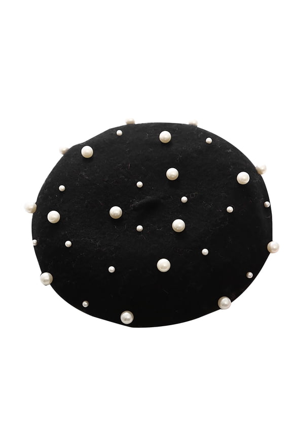 Women Solid Color Beret Wool French Artist Hat Warm Winter Beanie Cap Pearl Beaded Flat Cap for Female Women Beret Pearl Elegant Sweet Artist French Style Beret Beanie Cap