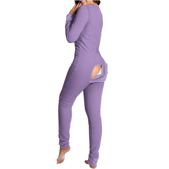 Generic Women Butt Button Back Flap Jumpsuit Pajamas V-Neck Button Down Long Sleeve One Piece Bodysuit Rompers Sleepwear