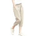 thumbnail image 1 of Generic Women Cotton Linen Cropped Trousers Elasticated Waist Capris Straight Leg Trouser Summer Button Capri Pants with Pockets, 1 of 3