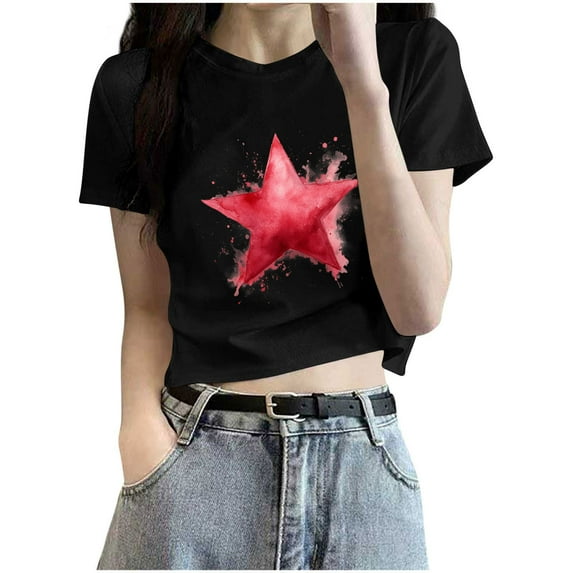 Generic Women Cute Graphic Tee Shirts Trendy Crew Neck Short Sleeve Crop Top Loose Fit Shirts Vintage Aesthetic Streetwear