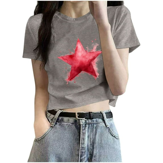 Generic Women Cute Graphic Tee Shirts Trendy Crew Neck Short Sleeve Crop Top Loose Fit Shirts Vintage Aesthetic Streetwear