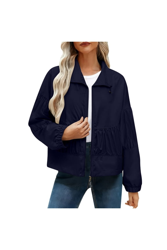 Women Fall Cropped Jacket Lightweight Shackets Zip Up Pleated Bomber Jackets Utility Casual Coat with Pockets