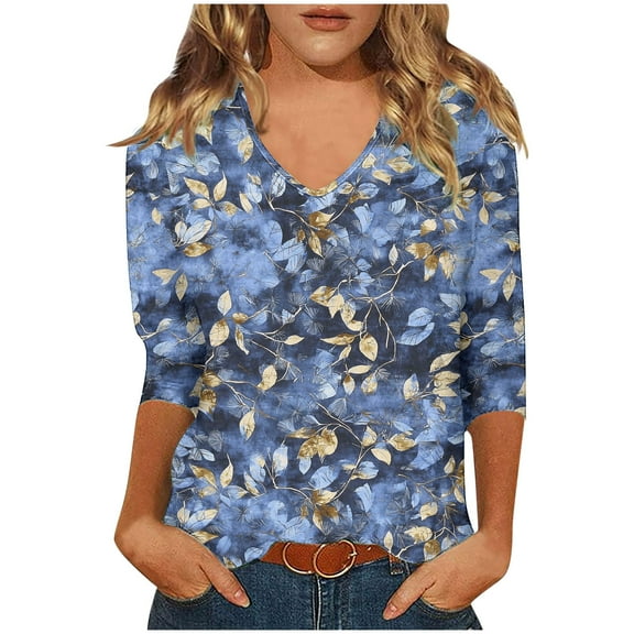 Generic Women Fashion Casual Printed V-neck Three Quarter Sleeve 3/4 Sleeve T-shirt