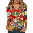 thumbnail image 1 of Generic Women Fashion Casual Printed V-neck Three Quarter Sleeve 3/4 Sleeve T-shirt, 1 of 4