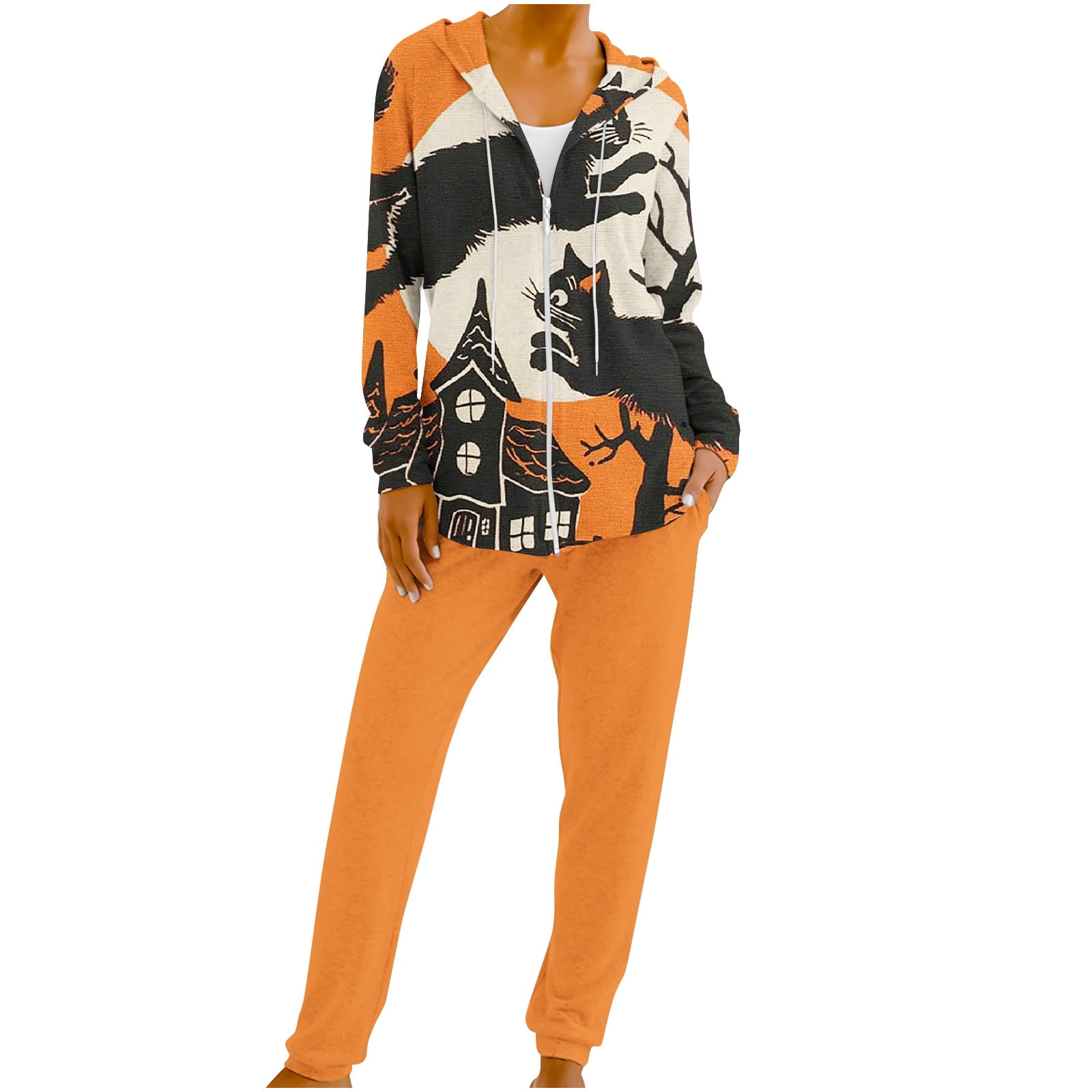 Generic Women Halloween 2 Pc Outfits Cute Ghost Print Zip UP Hooded