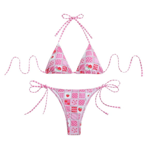 Generic Women Halters Swimsuit Two Pieces Swimwear Cute Print Bathing Suit Triangle Top and High Cut Thong Bikinis Set