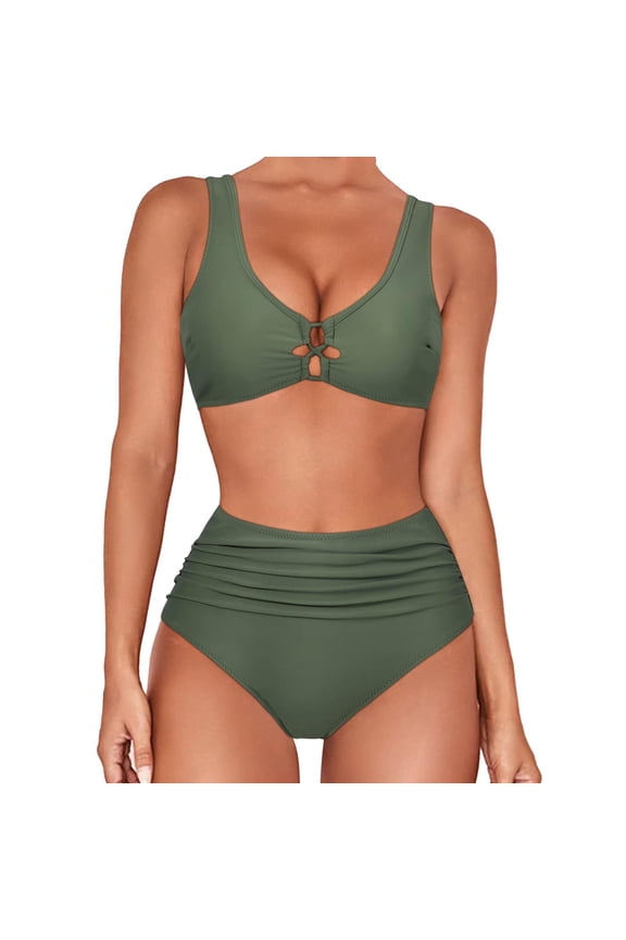 Women High Waist Push-Up Swimsuit Summer Two Piece Solid Color Hollow Sexy Bikini Suit Beach Swimwear