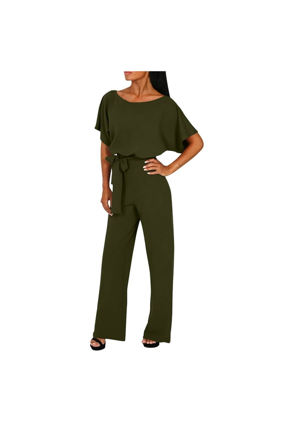 Women Jumpsuit Casual Short Sleeve Romper Playsuit Belted Wide Leg Long Pant Overall Jumpsuits