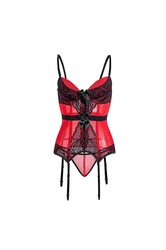 Women Lace Boned Bustier Corset Sexy Girdle Lingerie Set Shapewear with Garter Belt Plus Size