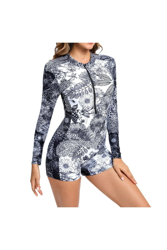 Women Long Sleeve Bathing Suit One Piece Rash Guard UV Protection Printed Surfing Swimsuit Swimwear Bathing Suit