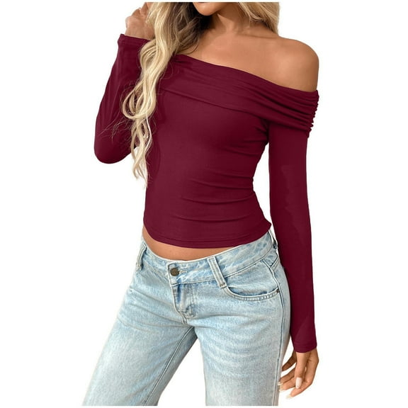 Generic Women Long Sleeve Shirts Off Shoulder Tops Going Out Crop Sexy Slim Fitted Y2K Fall Outfits 2025 Fashion Clothes