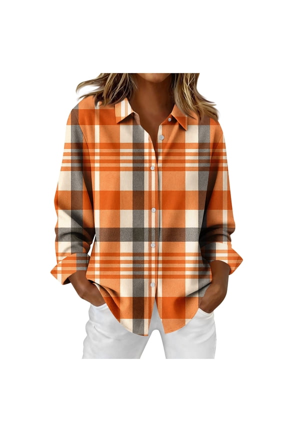 Women Long Sleeve Shirts Stretch Spread Collar Plaid Button Down Blouses Casual Classic Fit Color Block Fall Tops