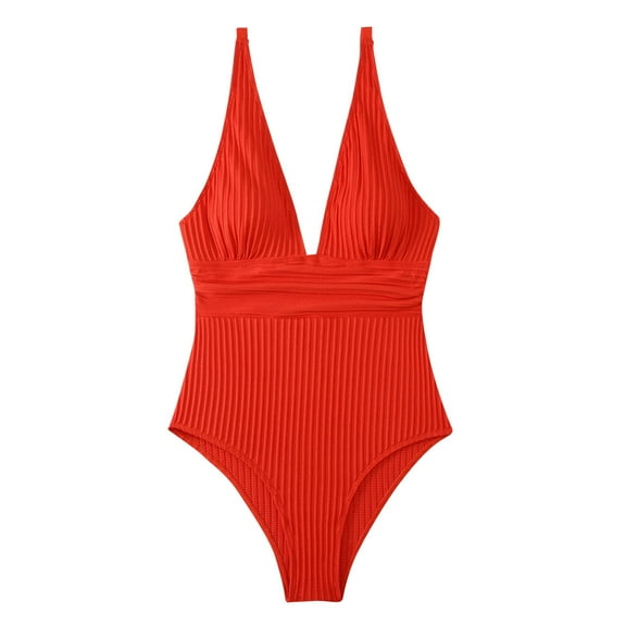 Generic Women One Piece Swimsuit Deep V Neck Tummy Control Bathing Suit Solid Color Sexy Swimwear High Cut Low Back Swimsuit