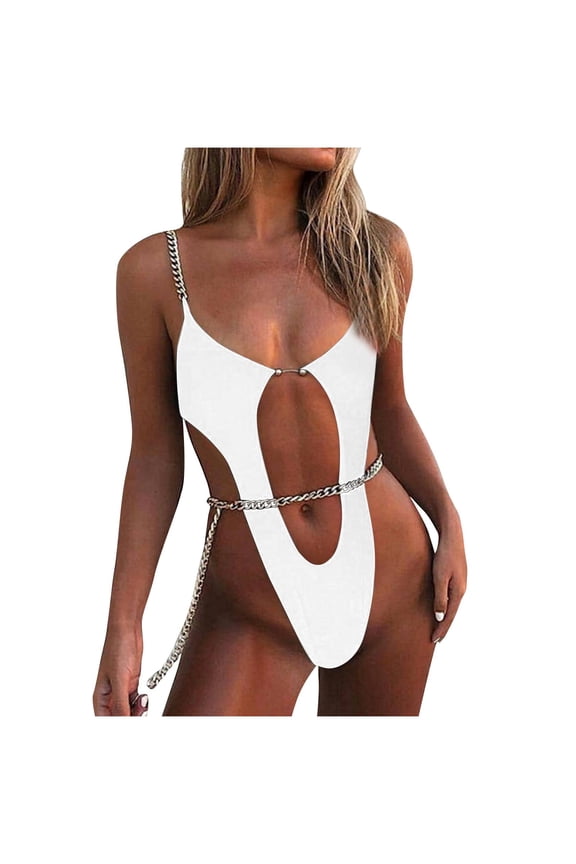 Women One Piece Swimsuit Sexy Underboob Cutout Top Bathing Suit High Cut Bottom Bikini Chain Linked Swimwear