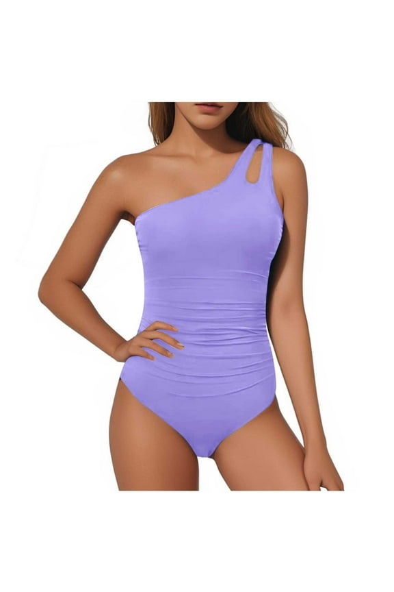Women One Shoulder One Piece Swimsuit Bathing Suits Modest Full Coverage Keyhole Cutout Beach Swimwear