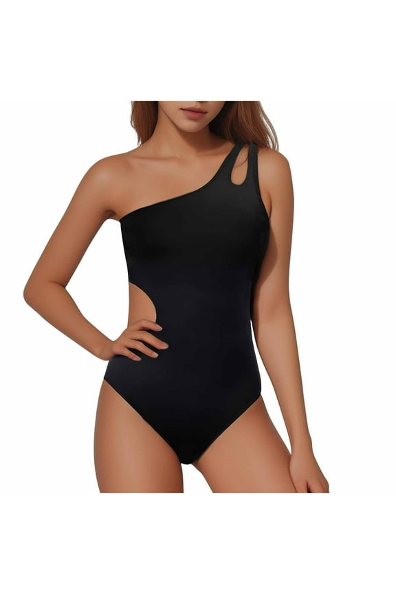 Women One Shoulder One Piece Swimsuit Bathing Suits Modest Full Coverage Keyhole Cutout Beach Swimwear