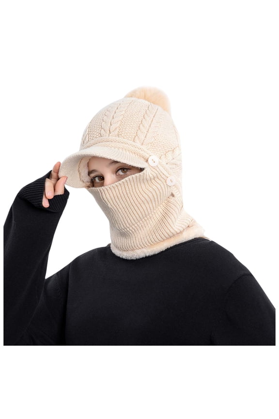 Women Overhead Ear Protection Cap with Brim One Piece Fleece Beanie Hats Scarf Mask Warm Winter Knitted Hat