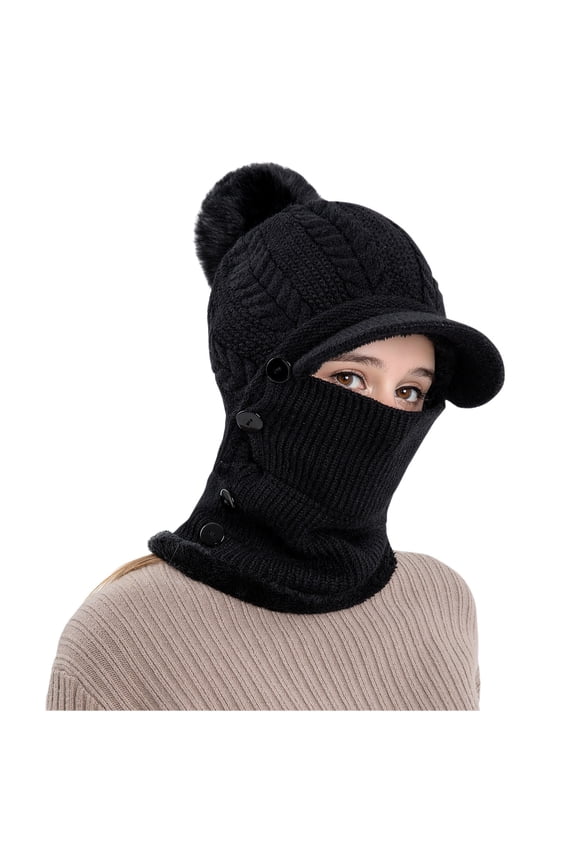 Women Overhead Ear Protection Cap with Brim One Piece Fleece Beanie Hats Scarf Mask Warm Winter Knitted Hat