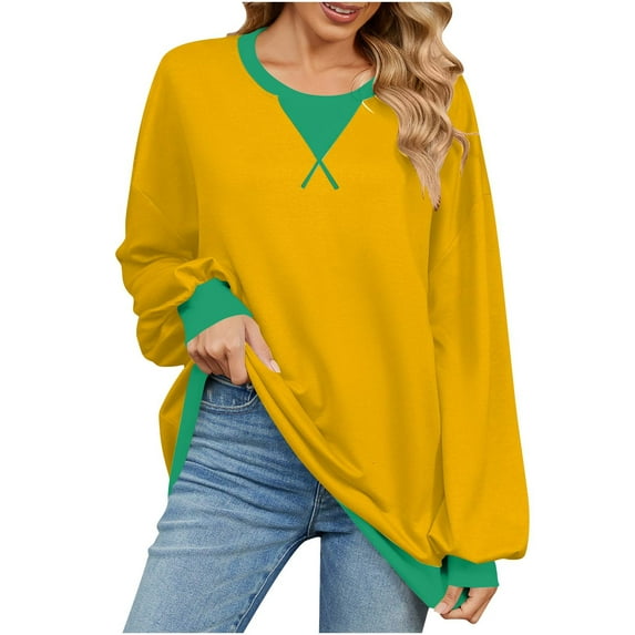 Generic Women Oversized Crewneck Sweatshirts Color Block Long Sleeve Loose Fit Casual Fall Sweatshirt Pullover Tunic Shirts