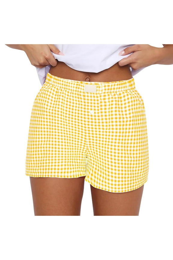 Women Pajamas Shorts Elastic Waist Plaid Boxer Short Trendy Cute Gingham Sleep Lounge Shorts Bottoms