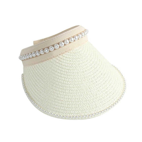 Generic Women Pearl Sun Visor Hat Foldable Straw Hats for UV Protection Roll-up Golf Visor Hat Beach Hat