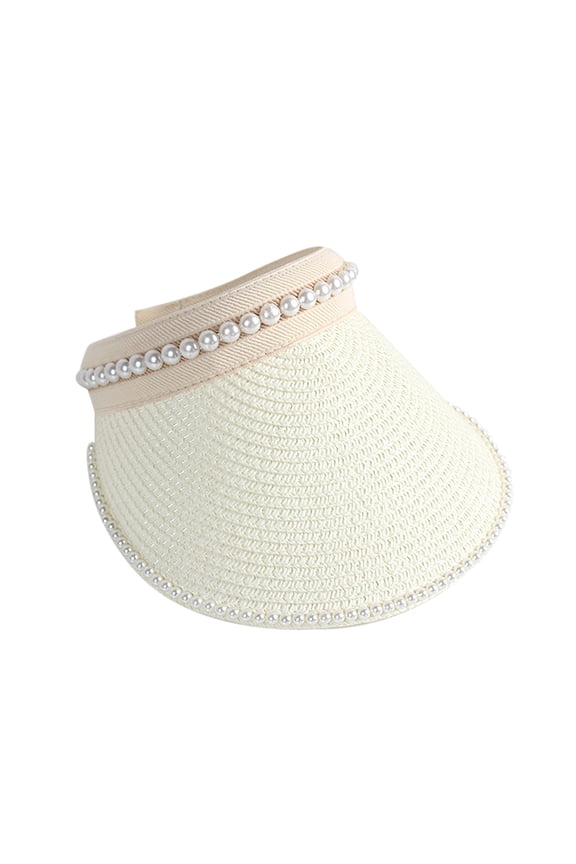 Women Pearl Sun Visor Hat Foldable Straw Hats for UV Protection Roll-up Golf Visor Hat Beach Hat