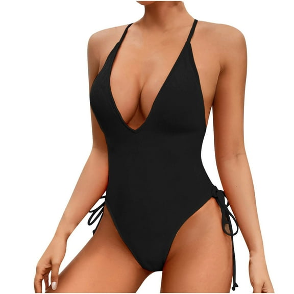 Generic Women Plunging One Piece Swimsuit Sexy V Neck Backless Cross Tie High Cut One-Piece Bathing Suit Swimwear