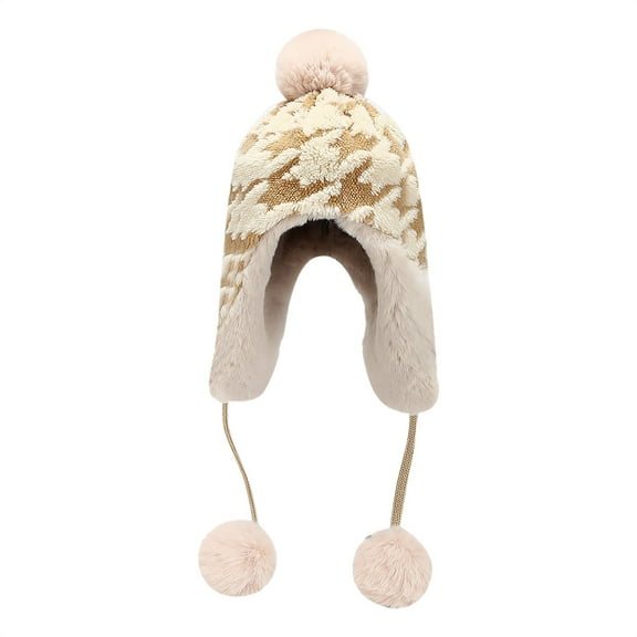 Generic Women'S Chunky Knit Ear Warmer Beanie Women'S Pom Pom Fleece-Lined Trapper Hat Autumn Winter Hat Black Red Khaki Brown Polyester Cotton Hat Matching Color Block Pom Beanie