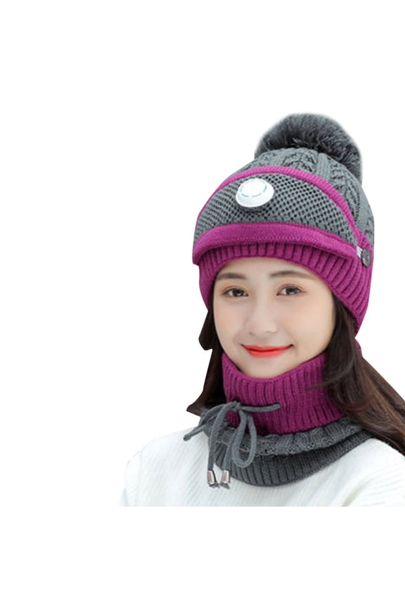 Generic Women'S Face Mask Neck Gaiter Hat Winter Solid Color Wool Hat Thickened Warm Ear Cold Knitted Hat Glove Scarf Three Piece Set Gender-Neutral Aran Knit Wool Beanie