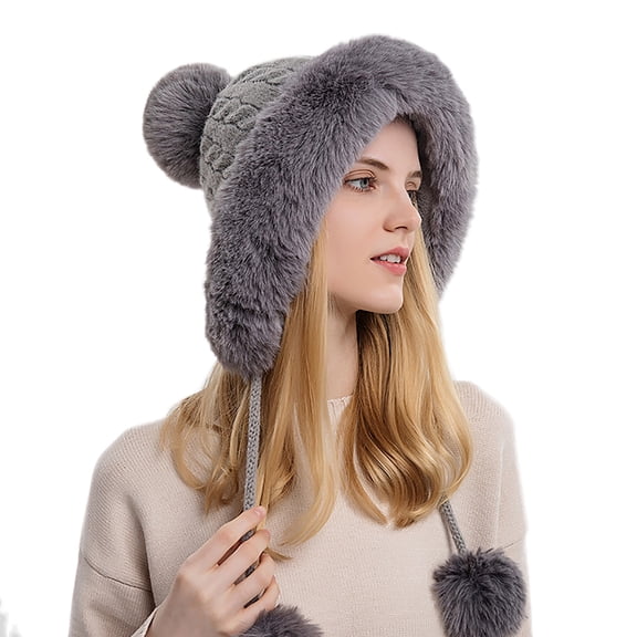 Generic Women'S Fleece Lined Ear Warmer Knit Hat Women's Pullover Hat With Three Balls Outdoor Thickening Plus Velvet Cold And Warm Pure Color Knitted Hat Gender-Neutral Warm Woolly Hat