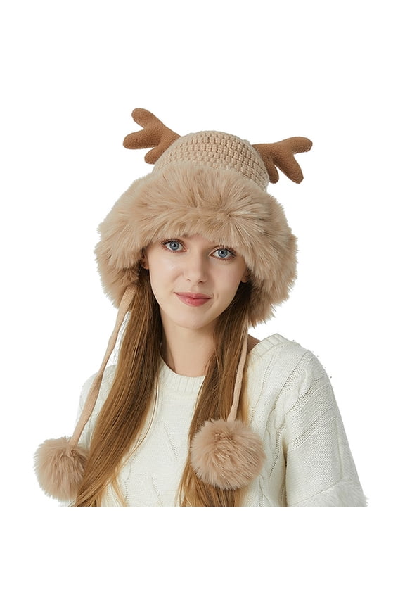 Generic Women'S Fluffy Winter Earflap Beanie Women'S Cable Knit Ear Cover Hat With Pom Pom Womens Knitting Hat Cute Wool Hat Autumn Winter New Thick Warm Ear Protection Hat Unisex Knit Beanie Cap