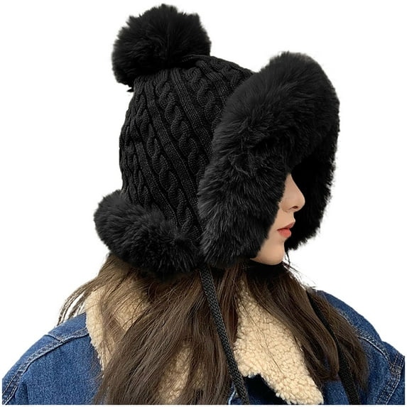 Generic Women'S Pom Pom Fleece-Lined Trapper Hat Women'S Pom Pom Fleece-Lined Aviator Hat Cute Pullover Hat With Wool Thickening Hairball Solid Color Wool Knit Ear Hat Men And Women Classic Knit Hat
