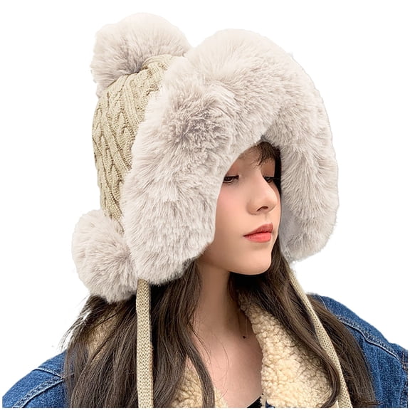 Generic Women'S Pom Pom Fleece-Lined Trapper Hat Women'S Pom Pom Fleece-Lined Aviator Hat Cute Pullover Hat With Wool Thickening Hairball Solid Color Wool Knit Ear Hat Men And Women Classic Knit Hat