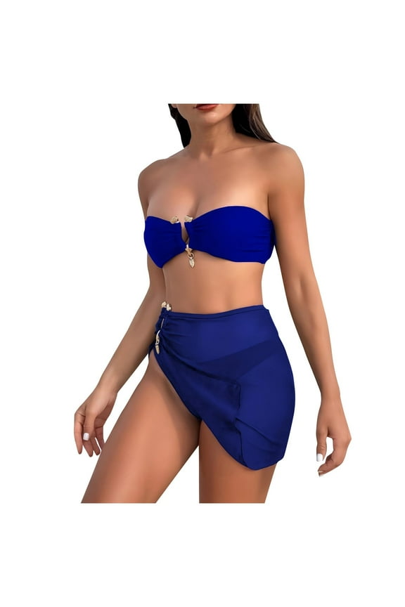 Women Sexy 2 Piece Swimsuit Strapless Bathing Suits Micro U Wired Cinched Bikini Sets with Mesh Swim Short Dress