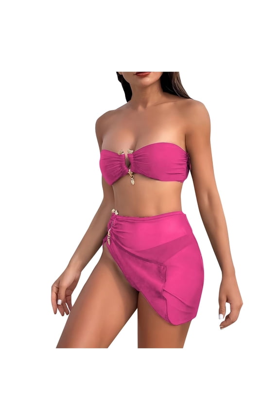 Women Sexy 2 Piece Swimsuit Strapless Bathing Suits Micro U Wired Cinched Bikini Sets with Mesh Swim Short Dress