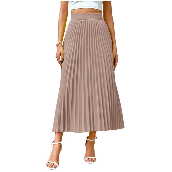 Generic Women Solid Color Pleated Skirt Elegant Elastic High Waist Long Skirts Summer A-Line Swing Flowy Skirts Casual Wear