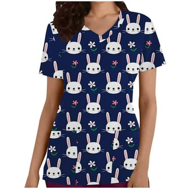 Generic Women Stretchy Vneck Short Sleeve Cute Bunny and Eggs Printed Nurse Working Uniforms with 2 Pockets