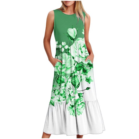 Generic Women Summer Dresses Trendy Floral Print Sleeveless Maxi Dress Casual Crew Neck Beach Vacation Sundress