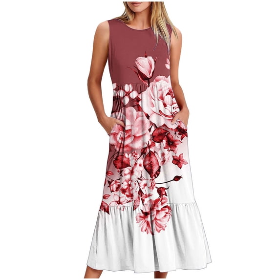 Generic Women Summer Dresses Trendy Floral Print Sleeveless Maxi Dress Casual Crew Neck Beach Vacation Sundress
