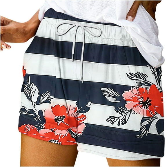 Generic Women Summer Linen Shorts Elastic Waist Drawstring Stripes Casual Loose Fit Short Wide Leg Beach Shorts with Pockets
