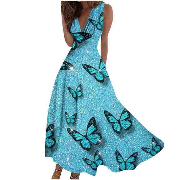 Generic Women Summer Long Dress Crewneck Casual Loose Short Sleeve Maxi Dresses Fashion Print Beach Dress with Pockets