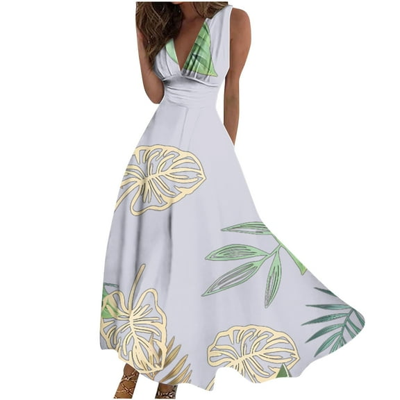 Generic Women Summer Long Dress Crewneck Casual Loose Short Sleeve Maxi Dresses Fashion Print Beach Dress with Pockets
