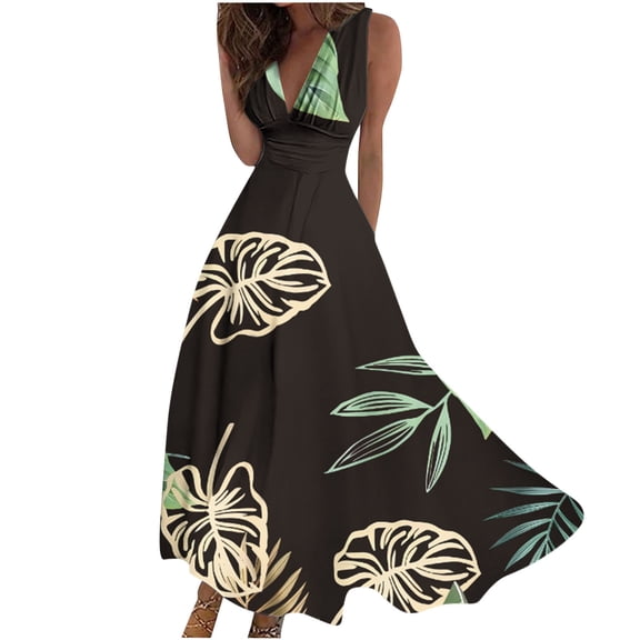 Generic Women Summer Long Dress Crewneck Casual Loose Short Sleeve Maxi Dresses Fashion Print Beach Dress with Pockets