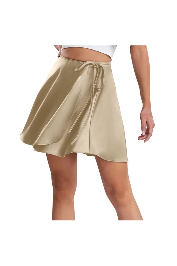 Women Summer Wrap Skirt Casual High Waist Self Tie Skirts Stretchy Flared Trendy Comfy Flowy Tennis Skater Skirt